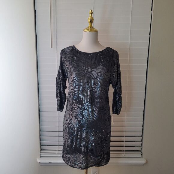 Trina‎ Turk Audra Sz XS Dark Silver Sequin Georgette Shift Holiday Party Dress - Picture 3 of 8